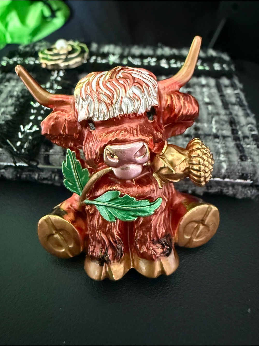Decorative Red Highland Cow Figurine with Gold Accent
